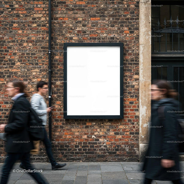 People walking past blank billboard on brick wall JPG Mockup Image