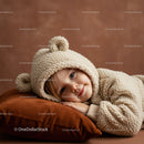 Smiling child resting on pillow in cozy teddy hoodie