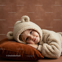 Smiling child resting on pillow in cozy teddy hoodie