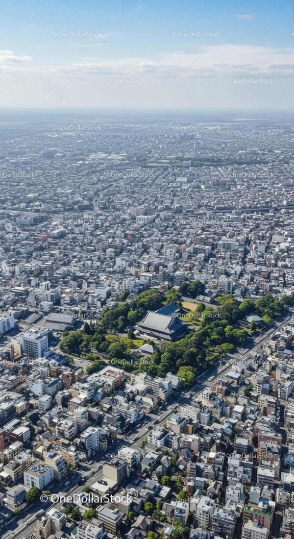 Aerial View of Tokyo Cityscape with Dense Urban Buildings and Green Park