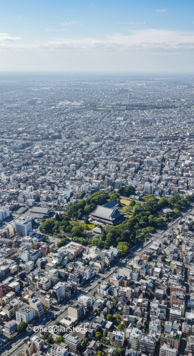 Widok z lotu ptaka na panoramę Tokio z gęstą zabudową miejską i zielonym parkiem