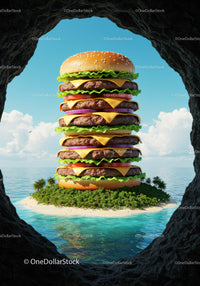 Gigantic cheeseburger towering over a tropical island