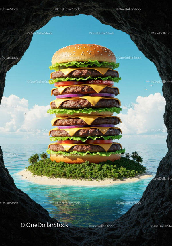 Gigantic cheeseburger towering over a tropical island