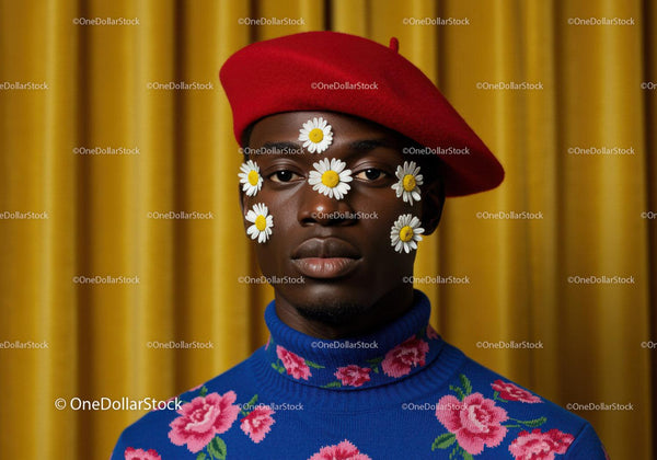 Young man in red beret with daisies on face
