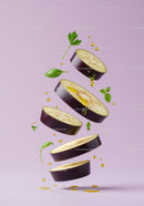 Floating eggplant slices with olive oil and fresh herbs