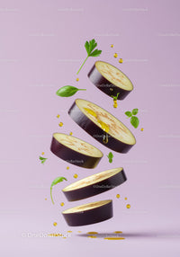 Floating eggplant slices with olive oil and fresh herbs