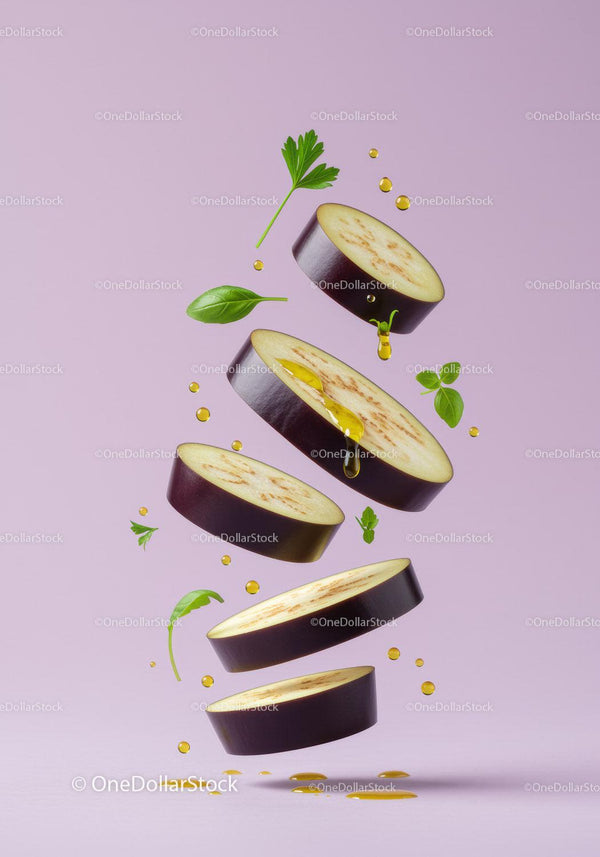 Floating eggplant slices with olive oil and fresh herbs