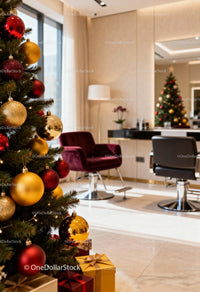 Cozy modern salon decorated for Christmas with gifts
