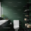 Elegant Green Tiled Bathroom with Modern White Toilet and Black Shelving
