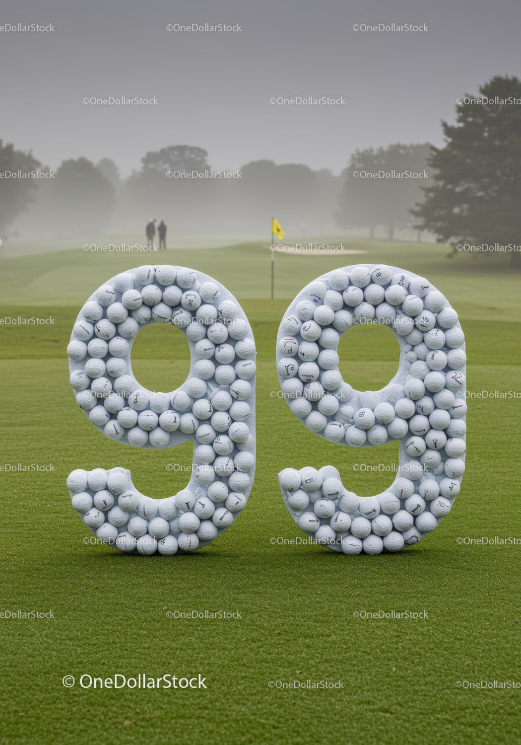 Number 99 made of golf balls on green course