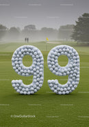 Number 99 made of golf balls on green course