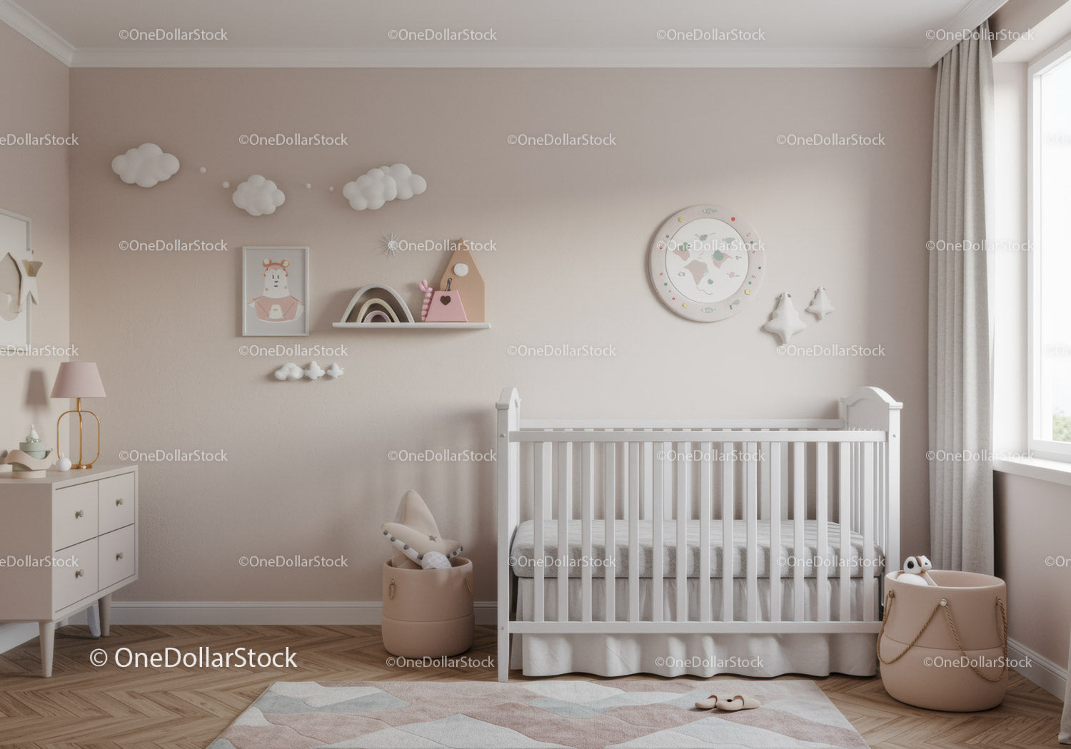 Stylish Nursery with White Baby Crib and Whimsical Wall Decorations