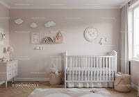 Stylish Nursery with White Baby Crib and Whimsical Wall Decorations
