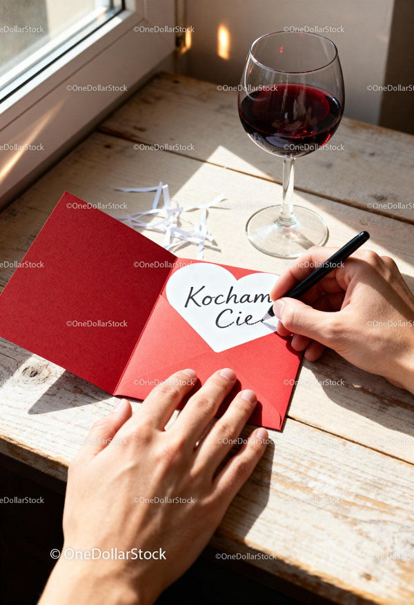 Writing a heartfelt love note with red wine by window