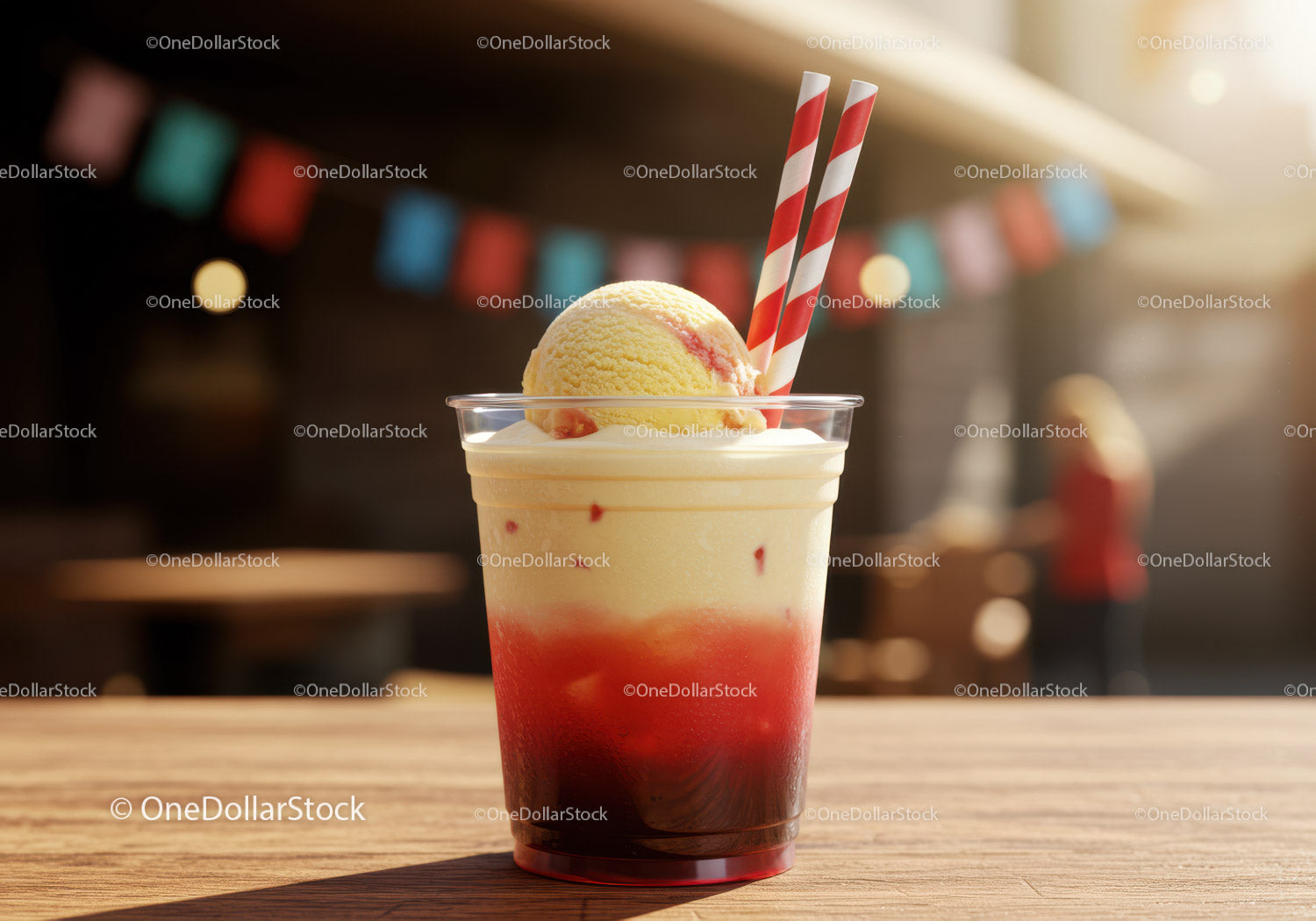 Refreshing Strawberry Ice Cream Sundae in Plastic Cup with Striped Straws