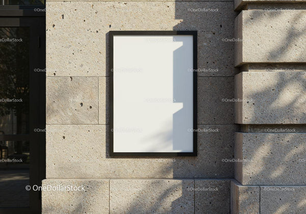 Minimalist blank poster on textured stone wall outdoors JPG Mockup Image