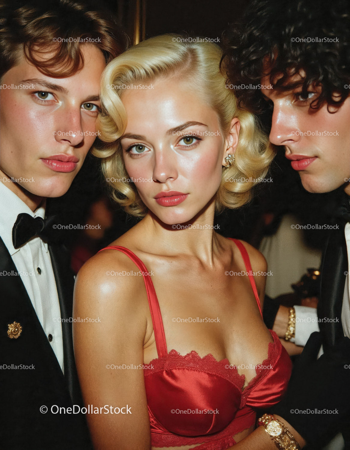 Elegant Blonde Woman in Red Dress Surrounded by Stylish Men