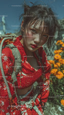 Young Woman Wearing Vibrant Red Kimono in Blooming Garden