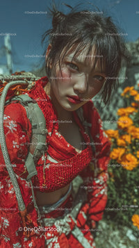 Young Woman Wearing Vibrant Red Kimono in Blooming Garden
