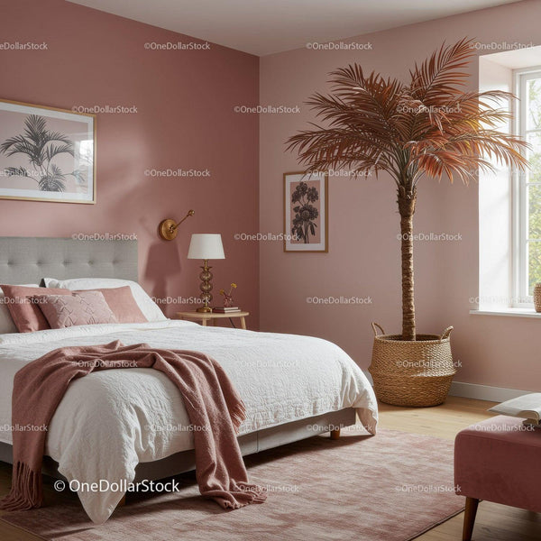 Stylish Bedroom with Large Potted Palm and Soft Pink Walls