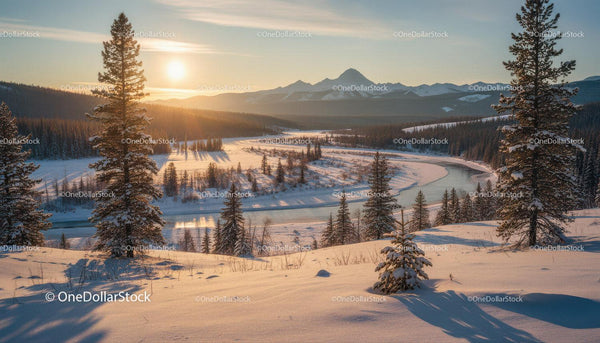 Winter Landscape with Snowy Pines and Curving River