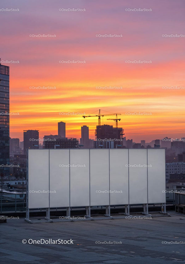 Colorful Sunset Over Modern City Skyline with Construction Cranes Rooftop View JPG Mockup Image