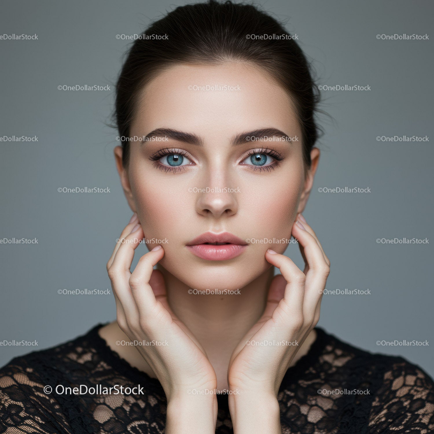 Elegant Portrait of a Woman with Bright Blue Eyes and Perfect Skin