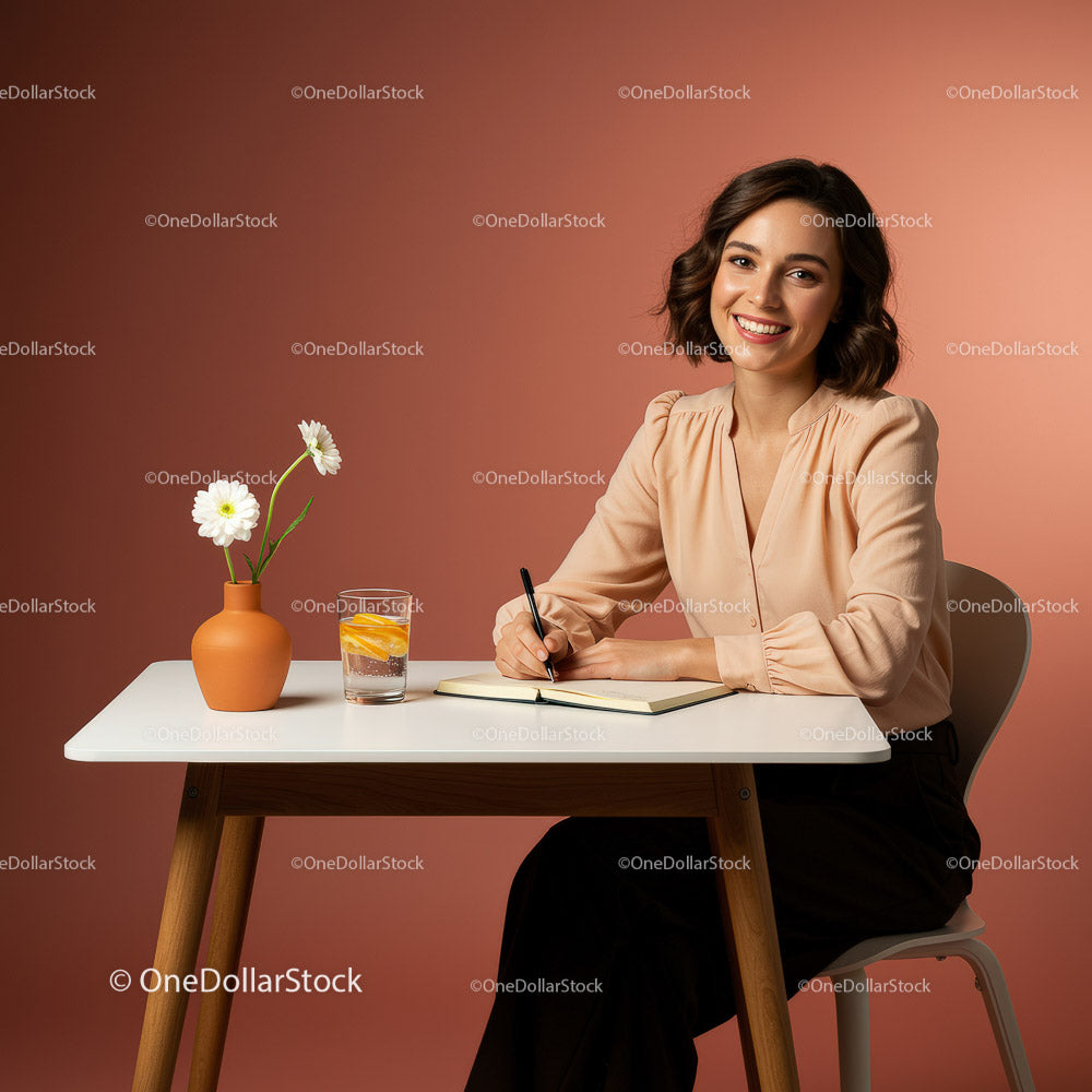 Cheerful Woman Writing at a Table with Flowers and Drinks