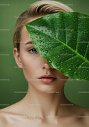 Elegant Woman with Large Green Leaf and Water Droplets in Natural Setting