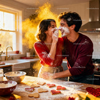Couple Playfully Baking Heart Cookies in Bright Kitchen