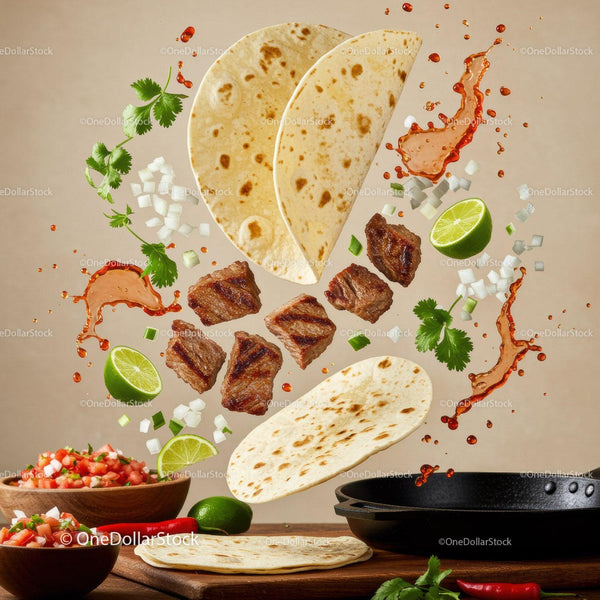 Floating taco ingredients with grilled meat and fresh salsa