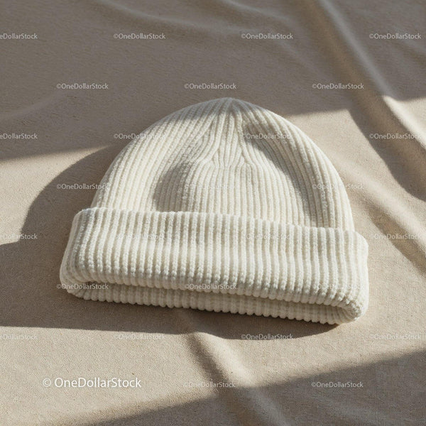 Cozy white knitted beanie hat on soft fabric surface JPG Mockup Image