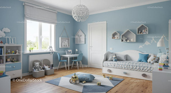 Nowoczesna sypialnia dziecięca z niebieskimi ścianami i zabawną dekoracją