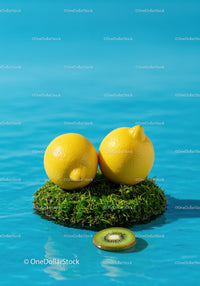 Fresh lemons and kiwi slice on floating moss in water