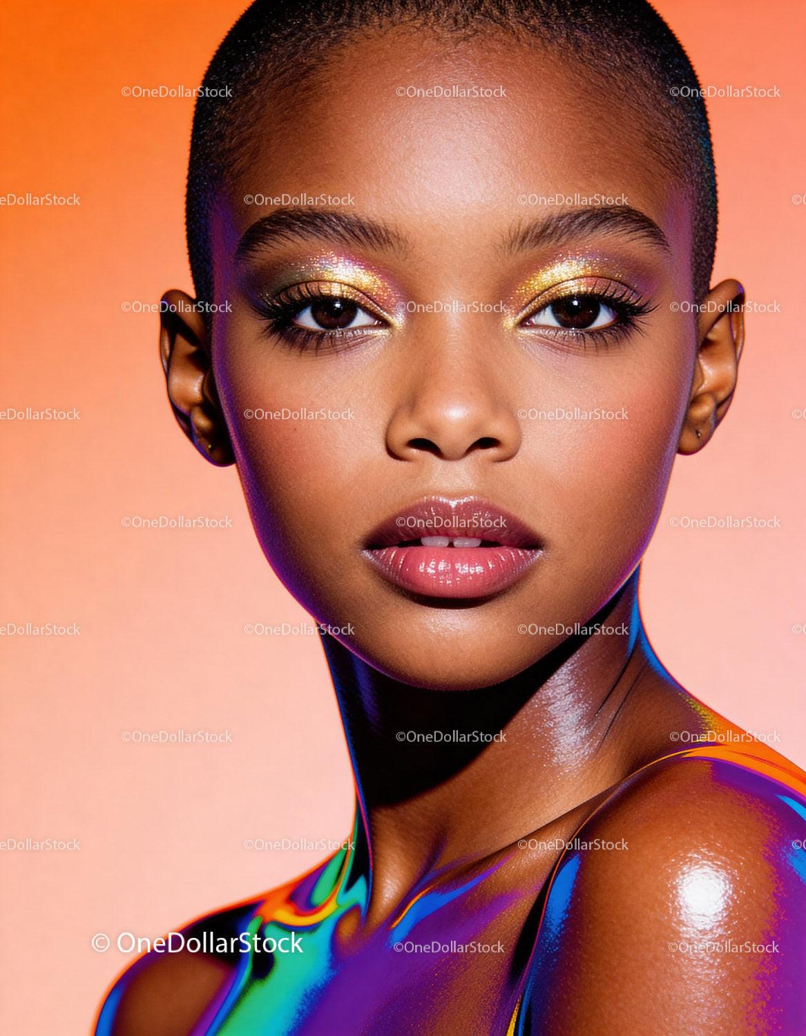 Close-up portrait of woman with vibrant creative makeup