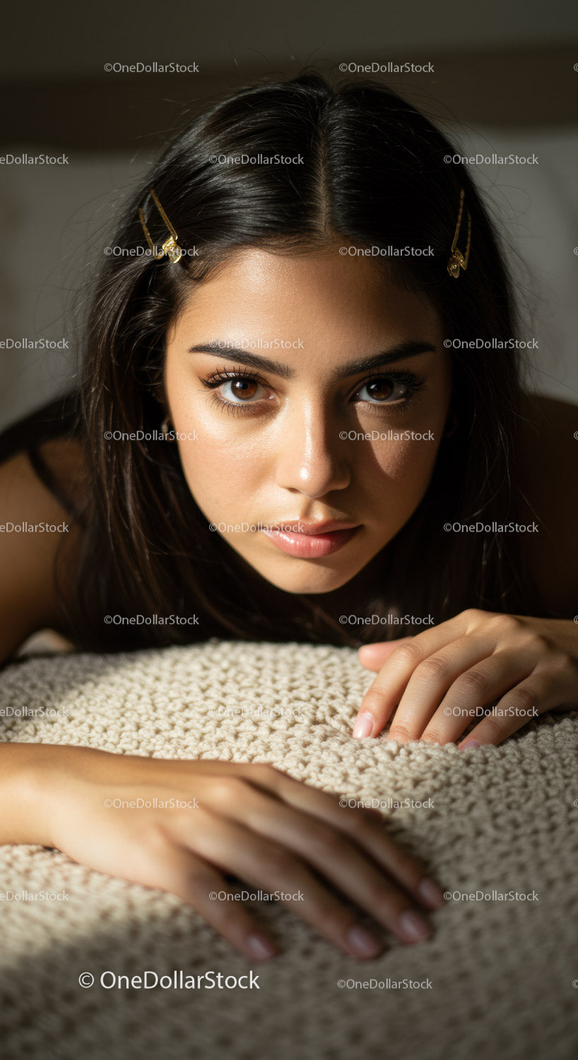 Intimate Portrait of Young Woman Lying on Carpet with Bold Expression
