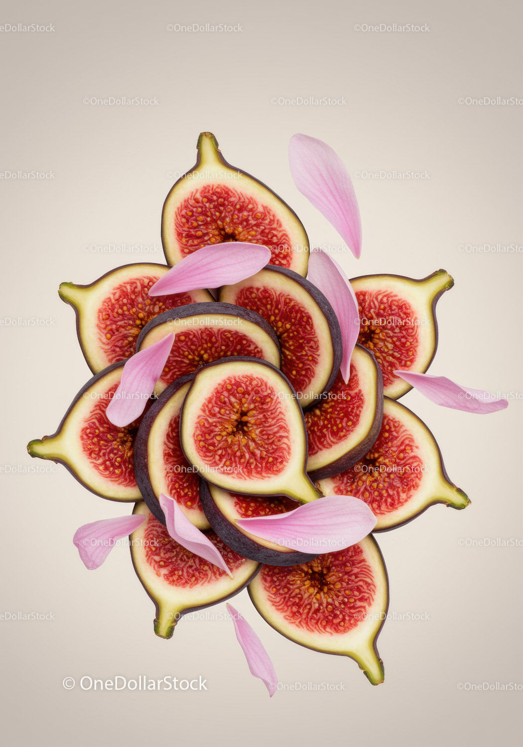 Fresh sliced figs with delicate pink petals arrangement