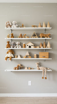 Wooden Toy Animals and Plush Stuffed Animals in Modern Nursery