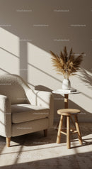 Cozy armchair with wooden stool and dried pampas decor