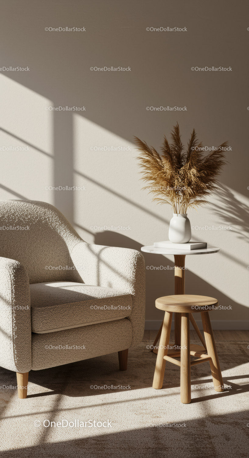 Cozy armchair with wooden stool and dried pampas decor