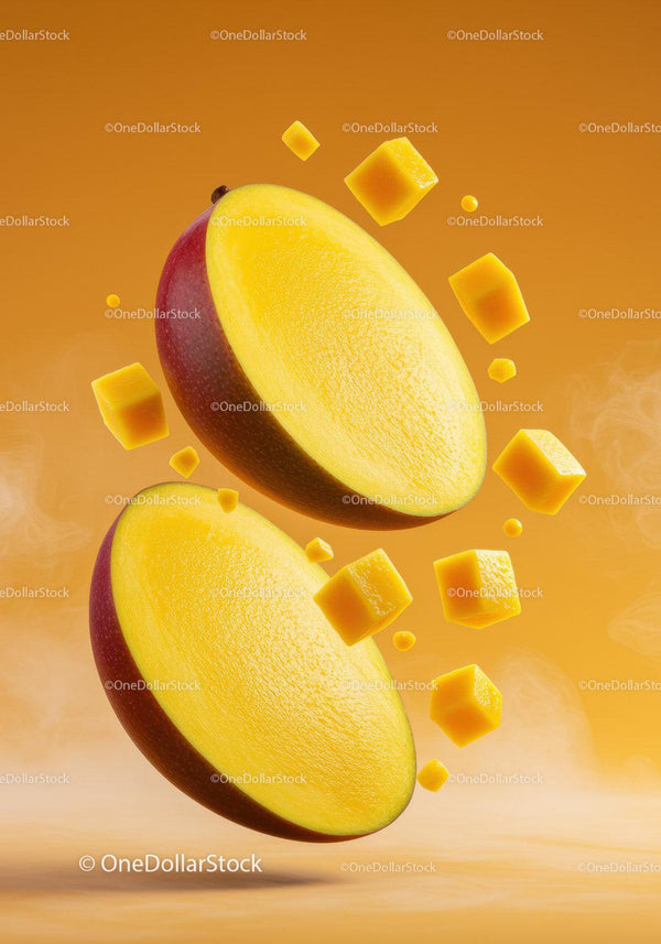 Świeże połówki mango z unoszącymi się kostkami mango