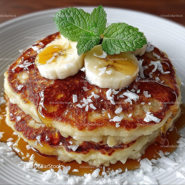Stack of Pancakes with Banana Slices Mint Leaves and Coconut