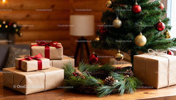 Cozy Christmas gifts and festive decorations indoors