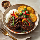 Savory Asian Dish with Rice, Vegetables, and Grilled Plantains