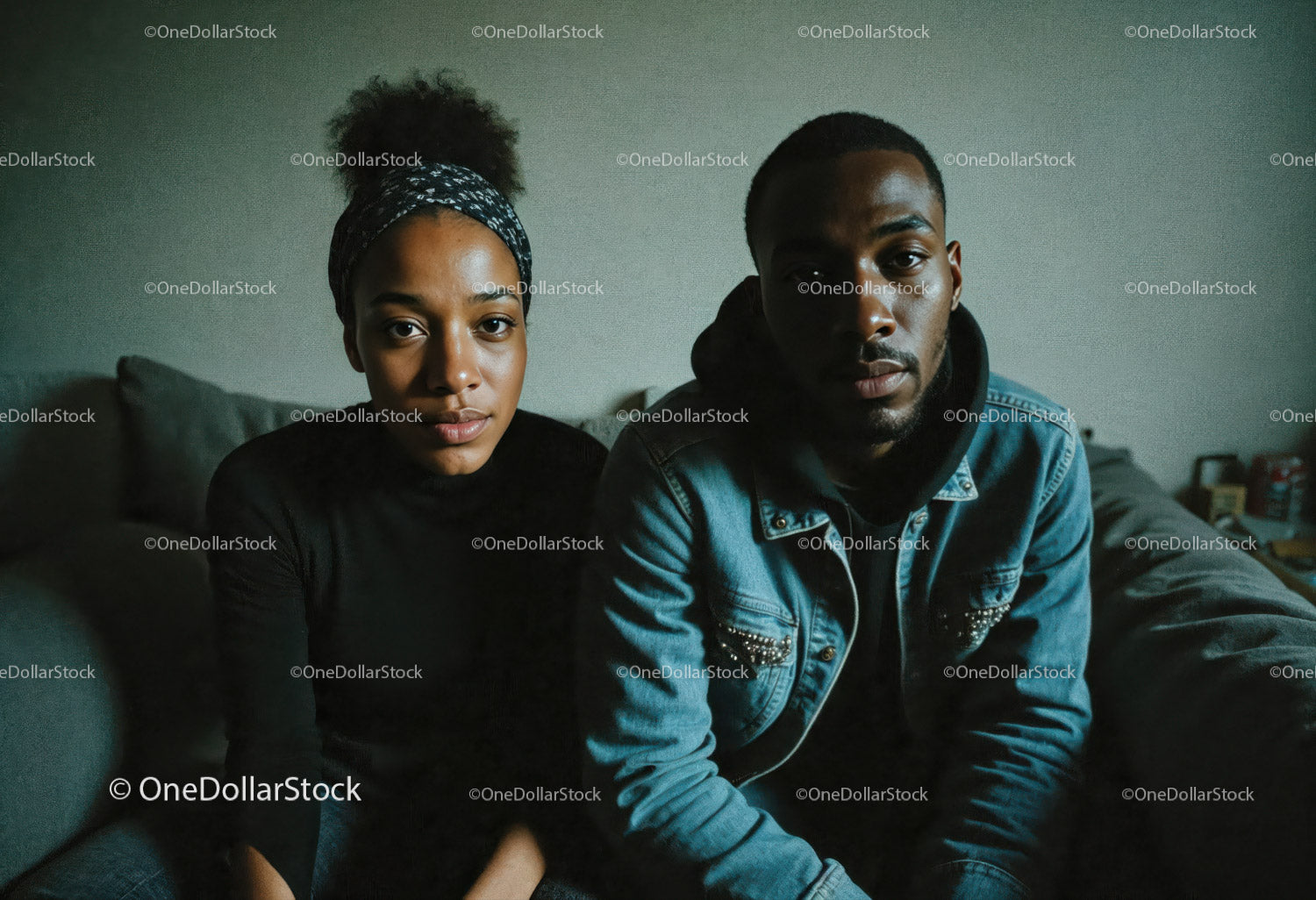 Young African American Couple Sitting on Couch in Casual Clothing