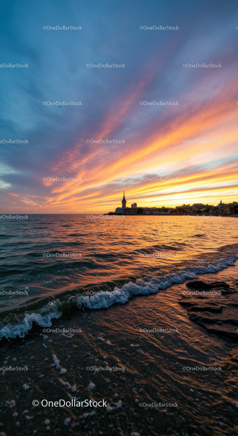 Beautiful Sunset Over Coastal Town with Vibrant Sky and Ocean Waves