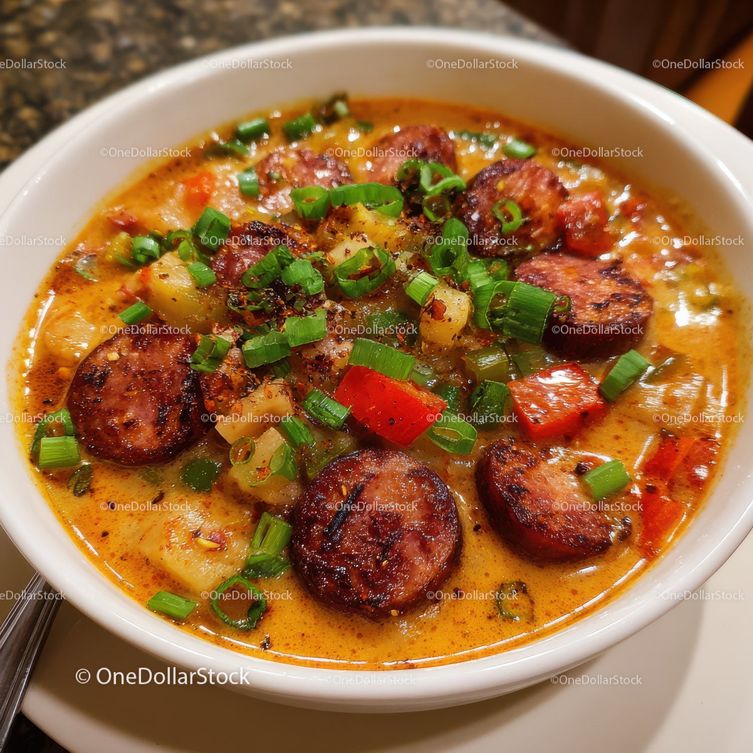 Hearty Sausage and Potato Stew with Fresh Green Onions in a White Bowl