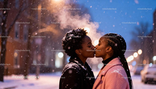 Couple sharing a tender kiss in snowy winter evening