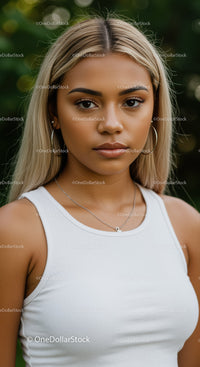 Confident young woman with blonde hair outdoors