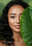 Close-up of an Asian Woman with Curly Hair Behind a Green Leaf